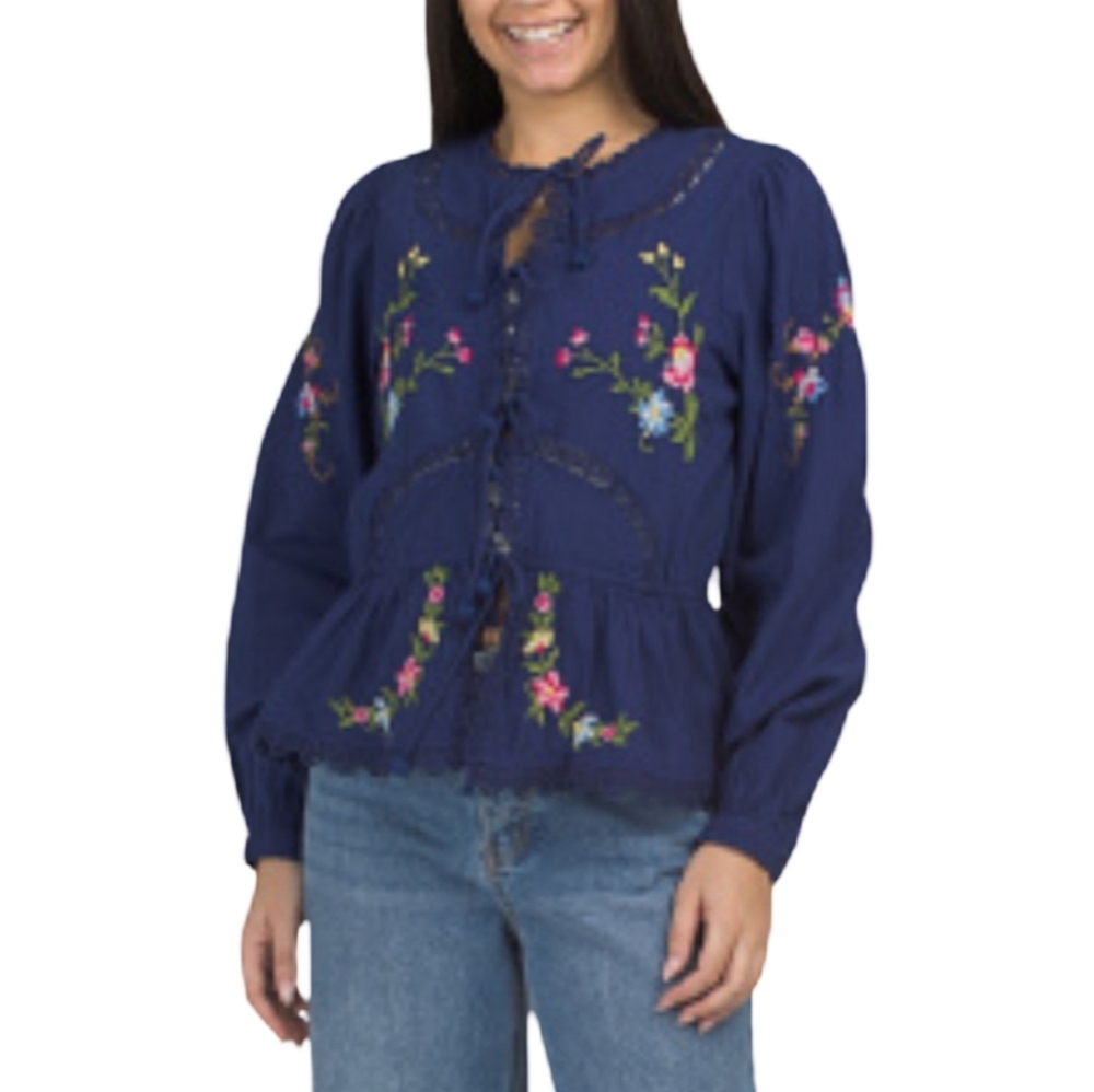 Jennifer & Grace 100% Cotton Embroidered Blue Pink Jacket Blazer Size Large New